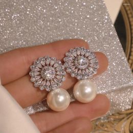 Stud Earrings Elegant Bridal Wedding Luxury Cubic Zircon Imitation Pearl Romantic Female Party Fashion Women