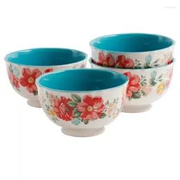 Bowls Vintage Floral Teal Stoare 4-Piece Footed Bowl Set