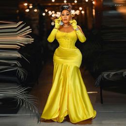 Party Dresses Aso Ebi Style Prom Yellow Strapless Lace And Satin Mermaid Evening Gowns Black Girls Formal Wear Women Dress