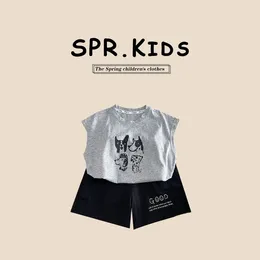 Clothing Sets 2024 Summer Korean Children Boy 2PCS Clothes Set Cartoon Dog Sleeveless Tees Letter Print Shorts Toddler Outfit Kid Suit