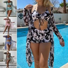 Women's Swimwear Women Bikini Set Floral Print With High Waist Shorts Cover-up Summer Beachwear Three-piece Swimsuit For Pool