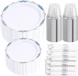 Disposable Dinnerware 350Pcs Blue And White Plastic Plates For Party Wedding Include 50 Dinner Dessert Plate