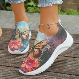 Casual Shoes Fashion Printed Knitted Flats Women 2024 Summer Lightweight Breathable Mesh Sneakers Woman Slip On Walking Size 43