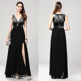 Party Dresses B0060 Black Sequin V-neck High Slit Chiffon Sleeveless Prom Ball Gown Formal Women Maxi Long A-Line