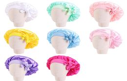 Kids Girl Solid Colour Satin Bowknots Bonnet Sleep Caps Bath Hair Care Wide Elastic Band Children Night Hats1819057