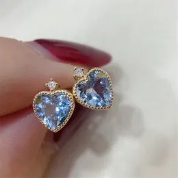 Stud Earrings Real 925 Sterling Silver 14K Gold Blue Heart Zircon For Women Piercing Luxury Jewelry Money