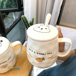 Mugs 2024 Cute Cartoon Mug With Ceramic Lid Steel Spoon Girls Students Breakfast Milk Water Tumbler Straw