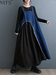 Casual Dresses NYFS 2024 Autumn Winter Womens Vestidos Robe Elbise Loose Plus Size Denim Patchwork Big Hem Strap Long Dress