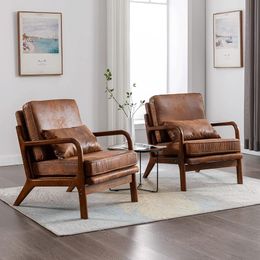 Chair Set of 2 Living Room-Comfy Solid Wood Arm Chair with Lumber Pillow Lounge Decorative Brown Leather Office Side Chair