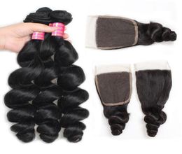 Meetu Brazilian Loose Wave Human Hair Bundles with 4x4 Lace Closure Virgin Weave Extensions for Women All Ages 828inch Natural Bl47706263
