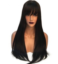 Charming Natural Black Long Silky Straight Full Lace Wigs with Bangs Heat Resistant Glueless Synthetic Lace Front Wigs for Black W7269668