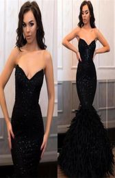 Modest Black Sequins Prom Evening Dresses 2019 Sexy Vintage Mermaid Formal Party Gown Sheath Strapless Feather Pageant Dresses BC06846265