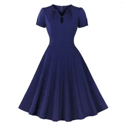 Casual Dresses Elegant V-Neck Hollow Out Front High Waist Solid Colour Vintage Dress Summer Women 2024 Short Sleeve A-Line Midi Swing