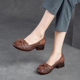 Dress Shoes 5cfm Cow Genuine Leather Women Sandals Designer Hollow Summer Authentic Elegance Moccasins Breathable Chunky Heels