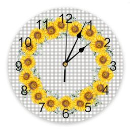 Wall Clocks Plaid Sunflower Clock Large Modern Kitchen Dinning Round Bedroom Silent Hanging Watch