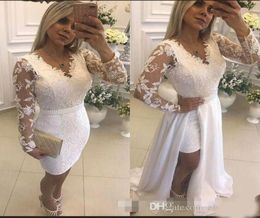 White Tow Pieces Sheath Evening Dresses V Neck Long Sleeve With Chffion Detachable Train Custom Made Prom Formal Gowns8626099