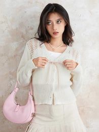 Women's Knits Wsevypo Sweet Knit Cardigans Crop Tops Aesthetic Clothes Hollow Out Long Sleeve Front Tie Bow V-Neck Sweaters Knitwear