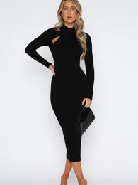 Casual Dresses Imcute Elegant Women's Solid Color Ribbed Midi Dress Long Sleeve High Neck Cutout Front Bodycon For Autumn Winter