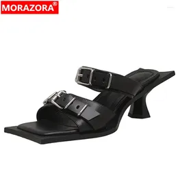 Slippers MORAZORA Square Toe Genuine Leather Woman 2024 Ladies Buckle Casual Dance Shoes Thick High Heels Summer