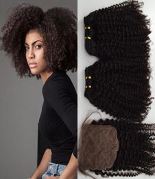 Afro Kinky Curly 44 Silk Closure With 2Pcs Brazilian Hair Natural Color Human Hair Cheap Virgin Hair Bundles With Closure 3PcsLo5263617