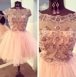 Actual Image 2016 Cheap Homecoming Dresses Capped Sleeve Beaded Tulle Vestido De Festa Prom Gowns Party Homecoming Graduation Gown9562933