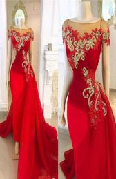 Sexy Red Evening Dresses Wear Lace Appliques Gold Crystal Beaded Cap Sleeves Organza Mermaid Floor Length Plus Size Formal Party P7902075