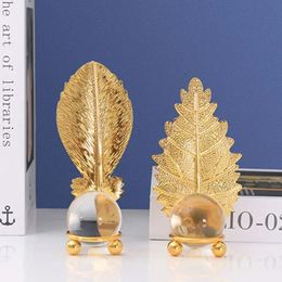 Nordic Luxury Metal Leaf Crystal Ball Figurines for Desktop Interior Decoration Objects Home Living Room Decor Crafts 240411