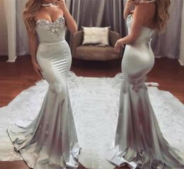 Silver Sweetheart Sexy Silver Prom Dresses Long 2019 Applique Beads Satin Bridal Party Wear Formal Evening Gowns Mermaid2354067