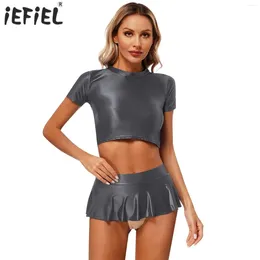 Bras Sets Womens Glossy Lingerie Set Short Sleeve Round Neck Crop Top With Low Rise Ruffled Miniskirt Swim Beach Pool Party Swimsuit