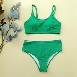 Women's Swimwear Solid Colour 2-piece Swimsuit 2024 Women Green High Waist Bikini Sexy U-neck Suspender Backless Beach Bathing Suit