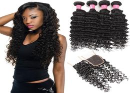 Malaysian Deep Wave 4 Bundles With Closure Whole 8A Grade Virgin Human Hair Extensions MiddleThree Part Bleached K6886637