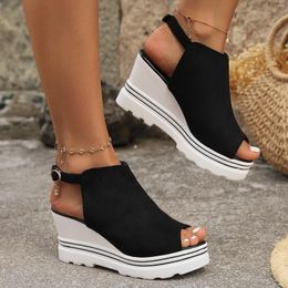 Sandals Shoes For Women Ladies Casual Solid Colour Slope Heel Thick Bottom Fish Mouth Buckle Large Size 2024 Comfortable