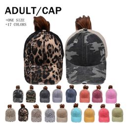 Ponytail Hats Snapbacks 16 Colours Washed Mesh Back Leopard Camo Hollow Messy Bun Baseball Cap Designer Trucker Hat CYZ32076537816