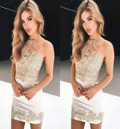 2018 Newest Short Cocktail Dresses Sexy Lace Appliques Halter Mini Prom Party Dress Formal White Sheath Evening Celebrity Gowns BA4983833