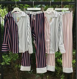 Home Clothing 2024 Spring And Autumn Women's Silk Stitching Colour Stripe Pyjamas Two Piece Pants Suit Sleepwear Leisure Nightwear