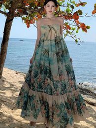 Casual Dresses Vintage Green Flower Print Off Shoulder Strapless Long Dress Women Fashion 2024 Summer Elegant Backless Pleated Bohemian