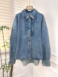 Women's Blouses 2024 Spring/Summer Wear Fashionable Simple Exquisite Neckline Lace Pleated Denim Shirt 0409