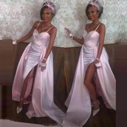 Party Dresses Pink Mermaid Prom With Spaghetti Straps Beads Sequins Pleats High Slit Cocktail Dress Aso Ebi Formal Gowns