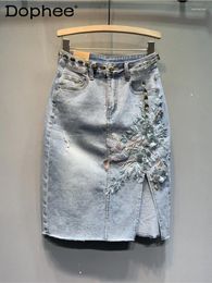 Skirts Spring Summer Fashion Embroidery Flower Denim Skirt Light Blue Split Retro Midi Korean Style Women Clothing