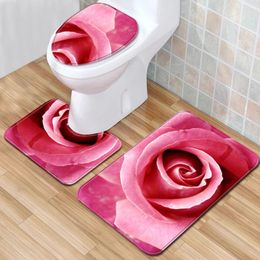 Bath Mats CLOOCL Rose Bathroom Mat Valentine's Day 3 Piece Set Carpet Anti-Slip For Home Decor Toilet