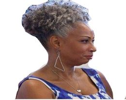 Natural Grey Hair Drawstring Puff Ponytail Hair Extensions with ClipsAfrican American Kinky Curly Ponytial Hair Piece for Black W9422065