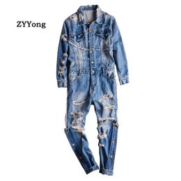 High Street Men Denim Jumpsuit Hip Hop Streetwear Hole Ripped Jeans Overalls Tattered Cargo Pants Fashion Freight Trousers 240407