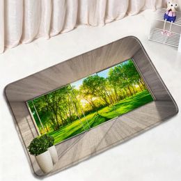 Bath Mats 3D Window View Bathroom Mat Forest Grassland Green Leaves Ocean Beach Waves Palm Trees Doormats Bedroom Flannel Non-slip Carpets