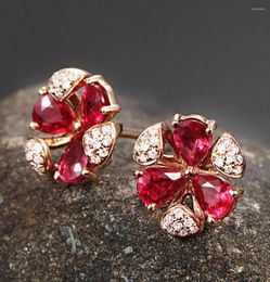Stud Earrings Rose Gold Colour Red Crystal Ruby Gemstones Zircon Diamonds For Women Jewellery Bijoux Fashion Brincos Accessories1664163