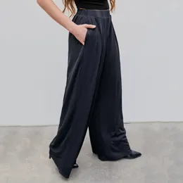 Women's Pants Women Wide-leg Stylish Wide Leg With Elastic Waist Pockets For Streetwear Outfits Loose Fit Solid Color