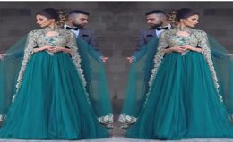 2019 Cheap Sexy Teal Green Tulle Prom Dresses With Cape V Neck Lace Appliques Beaded Muslim Beaded Long Party Dress Plus Size Even2943888