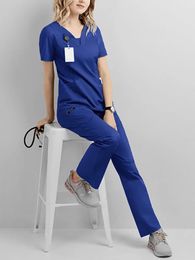 Hospital Doctor Nursing Uniform Women Wholesale Casual Short Sleeved V-neck Jogger Suits Nurse Pharmacy Working Uniform 240412