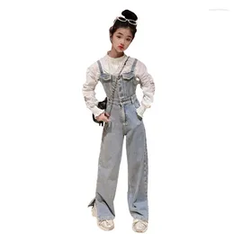 Clothing Sets Autumn Teenager Girls Denim Jumpsuit Set Cotton White Shirt High Waist Loose Split Wide Leg Pants 2pcs Kid Suit Children