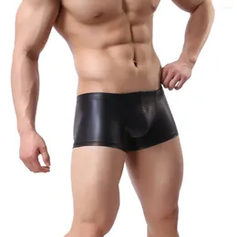 Underpants Men PU Leather Underwear Boxer-shorts U Convex Pouch Fashion Male Panties Classical Plaid Shorts 2024