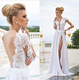 2019 Sexy Beach Wedding Dresses Sheer Lace Appliqued Long Sleeves Sheath V Neck Backless Split Chiffon Bridal Gowns White Dress7972925